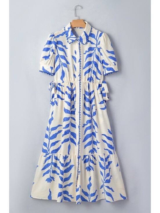 Dresses & Skirts - Blue and White Leaf Print Midi Dress with Puff Sleeves and Scalloped Collar